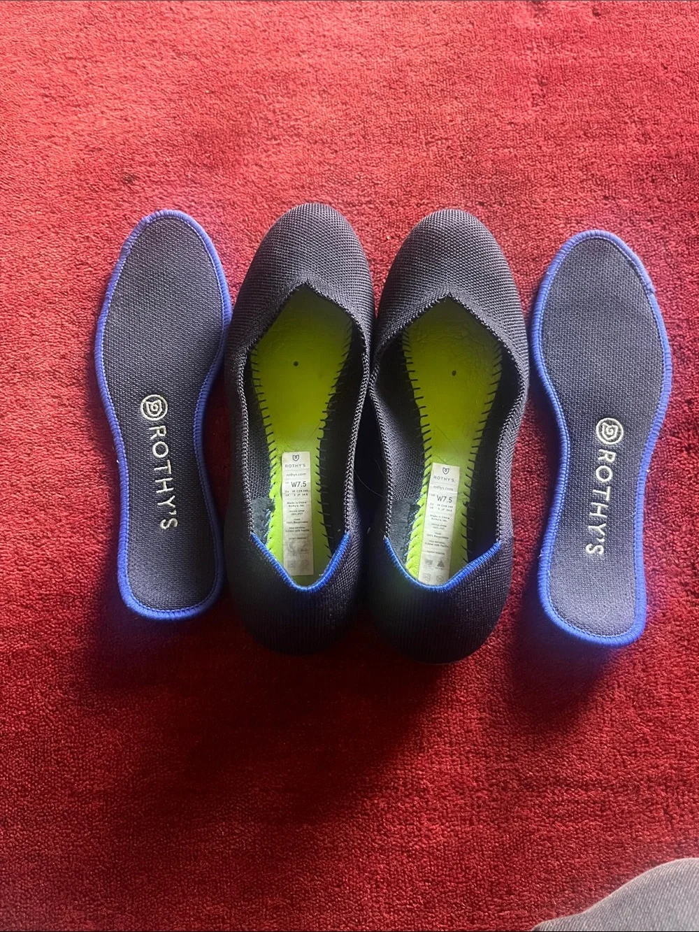 Rothy's Black Knit Pointed Flats with Blue Trim and Lime Insoles